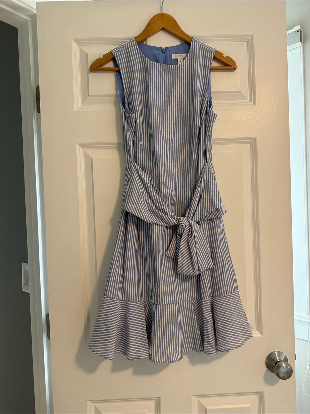 1901 Blue and White Striped Tie-Waist Sleeveless Mini Dress